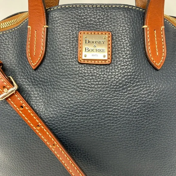 Dooney & Bourke Pebble Grain Zip Zip Satchel Navy & Tan Leather Purse - Picture 2 of 13
